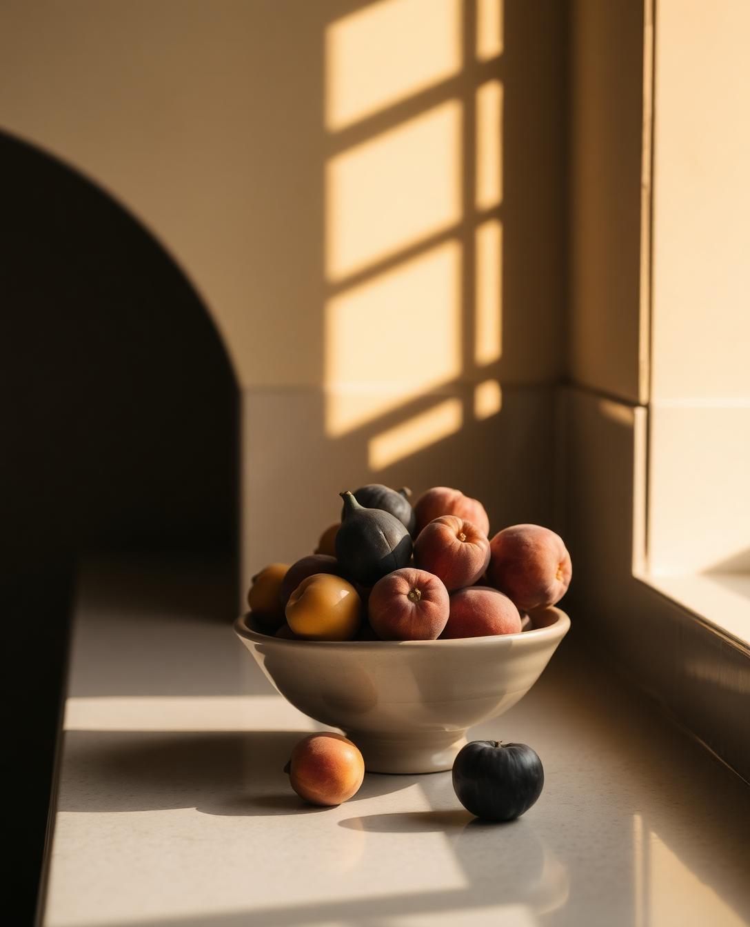 Sunlit kitchen counter with a ceramic bowl of fresh fruit