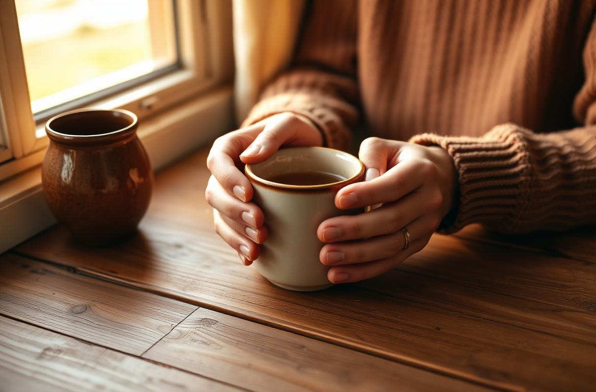 Hands holding a warm ceramic mug in soft morning light