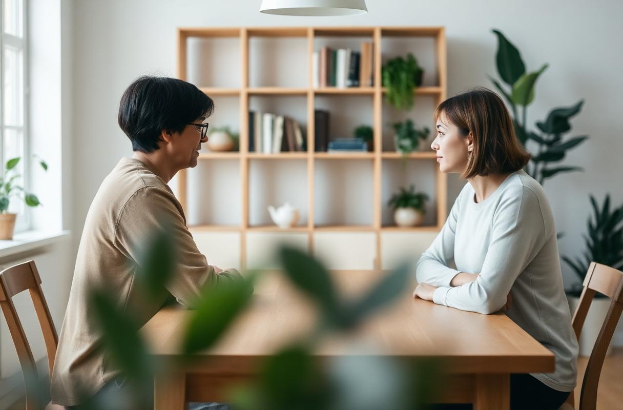 Two people in conversation across a sunlit wooden table